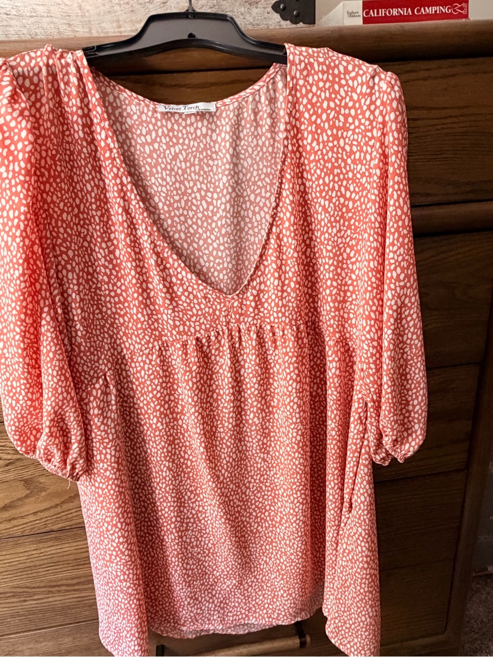 Velvet Torch Coral Peasant Tunic with White Dot Print